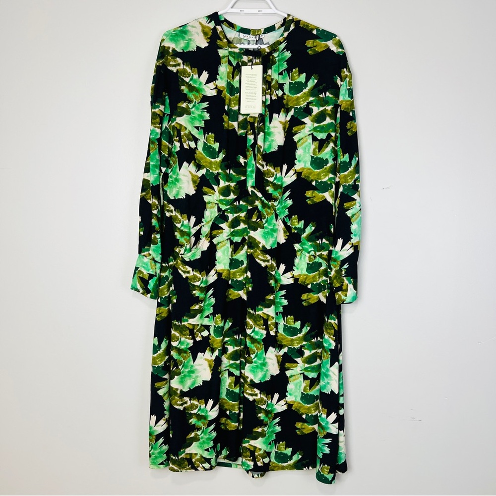 Masai Copenhagen Black Long-Sleeve Floral Midi Dress with Green Print Women M